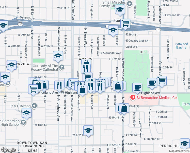 map of restaurants, bars, coffee shops, grocery stores, and more near 2461 North Lugo Avenue in San Bernardino