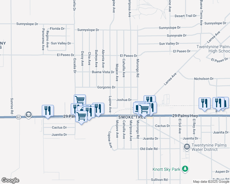 map of restaurants, bars, coffee shops, grocery stores, and more near 6350 Mojave Avenue in Twentynine Palms