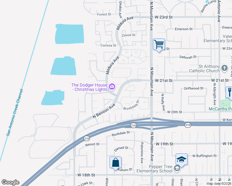 map of restaurants, bars, coffee shops, grocery stores, and more near 2062 Havenhurst Way in Upland