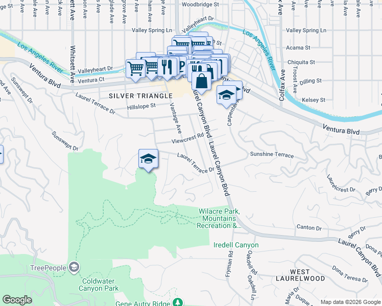 map of restaurants, bars, coffee shops, grocery stores, and more near 3714 Vantage Avenue in Los Angeles