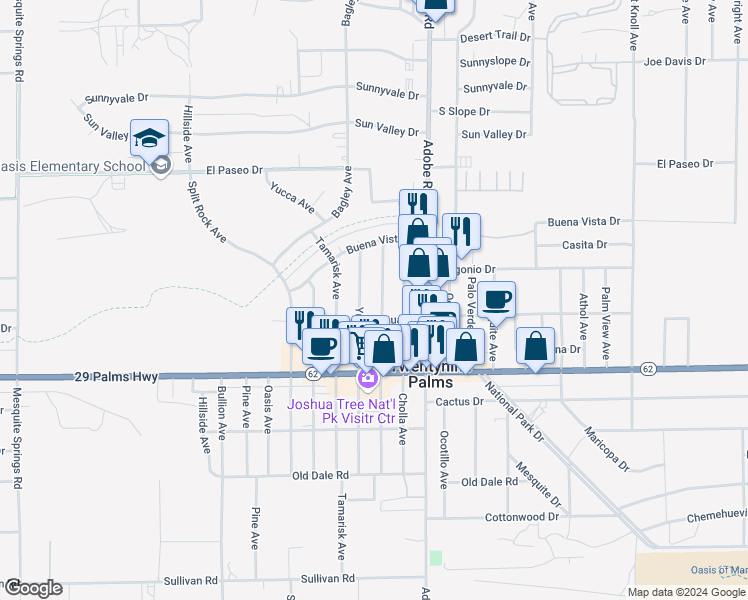 map of restaurants, bars, coffee shops, grocery stores, and more near 6352 Smoketree Avenue in Twentynine Palms