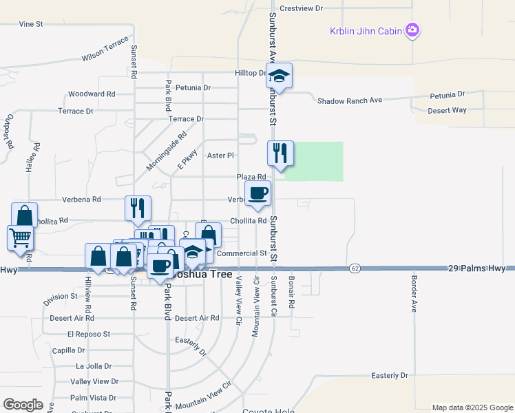 map of restaurants, bars, coffee shops, grocery stores, and more near 62023 Verbena Road in Joshua Tree