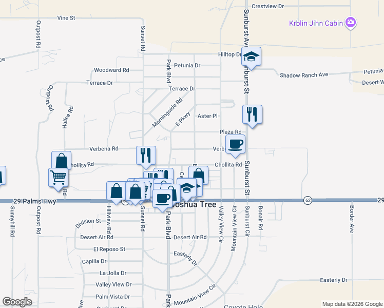map of restaurants, bars, coffee shops, grocery stores, and more near 6320 El Reposo Street in Joshua Tree