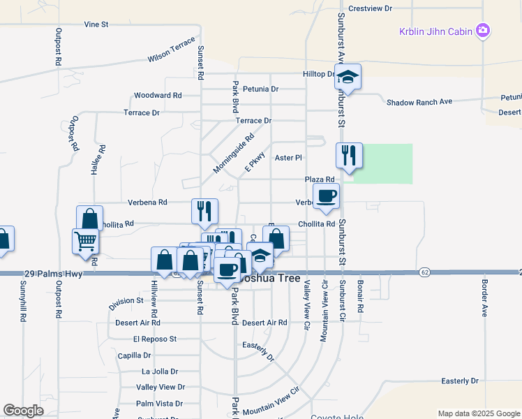 map of restaurants, bars, coffee shops, grocery stores, and more near 6320 El Reposo Street in Joshua Tree
