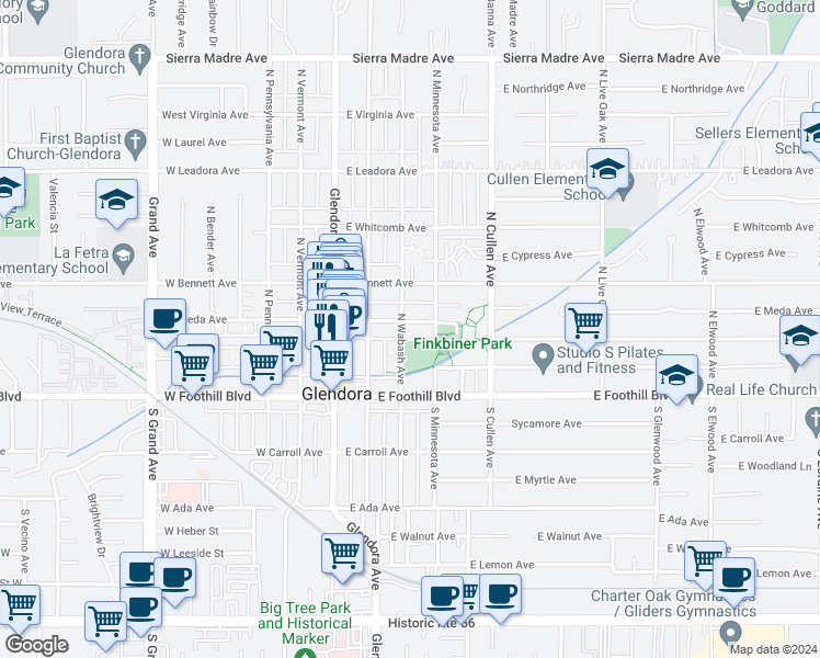 map of restaurants, bars, coffee shops, grocery stores, and more near 311 East Meda Avenue in Glendora
