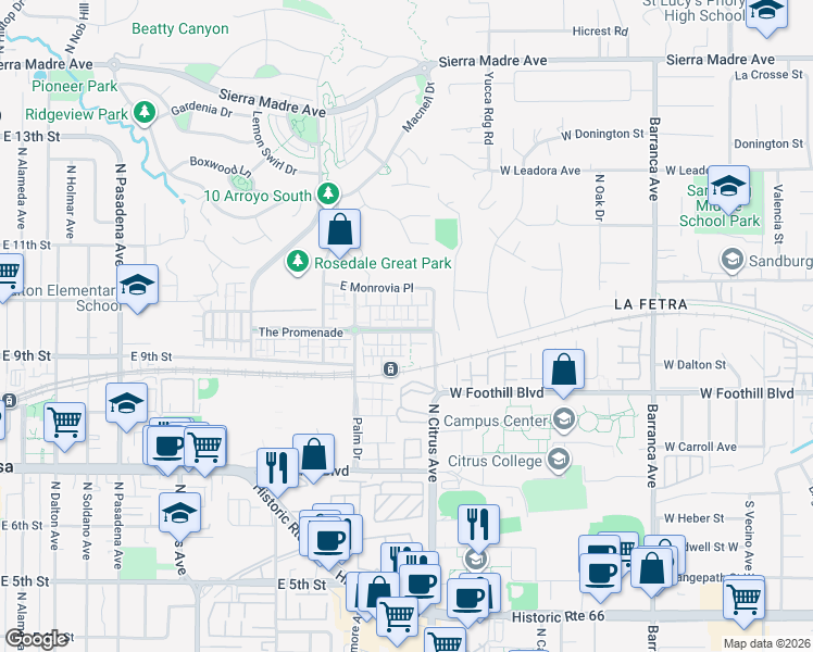 map of restaurants, bars, coffee shops, grocery stores, and more near 870c North Chaparral Lane in Azusa
