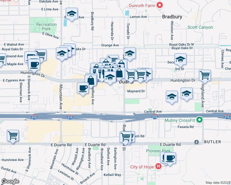 map of restaurants, bars, coffee shops, grocery stores, and more near 1200 Huntington Drive in Duarte