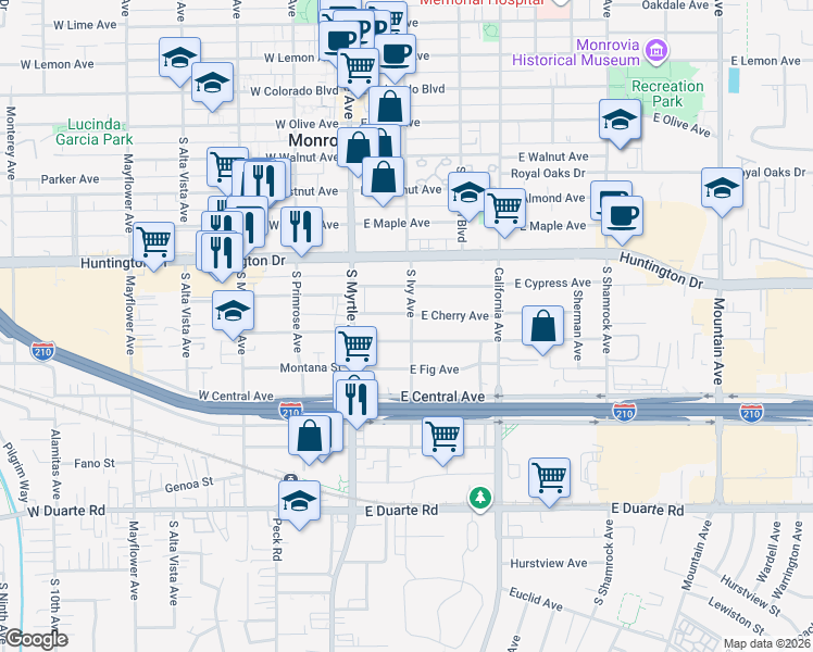 map of restaurants, bars, coffee shops, grocery stores, and more near 142 East Cherry Avenue in Monrovia