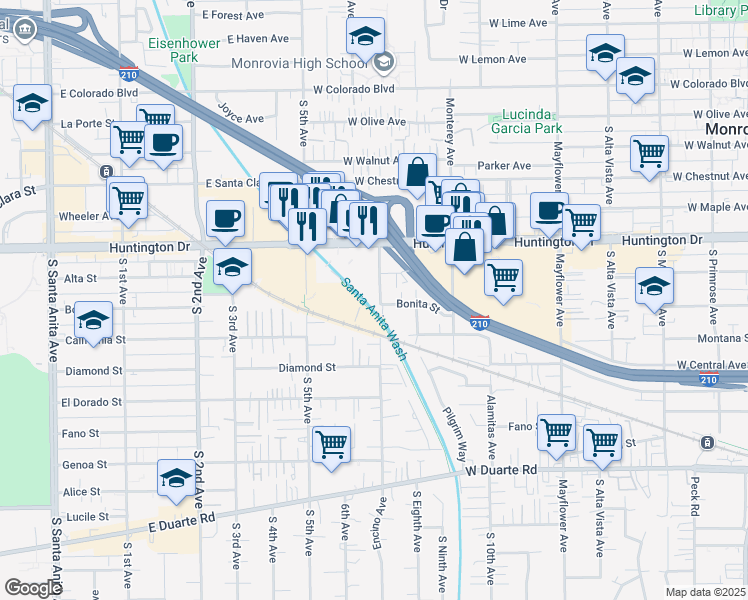 map of restaurants, bars, coffee shops, grocery stores, and more near 1216 Encino Avenue in Monrovia