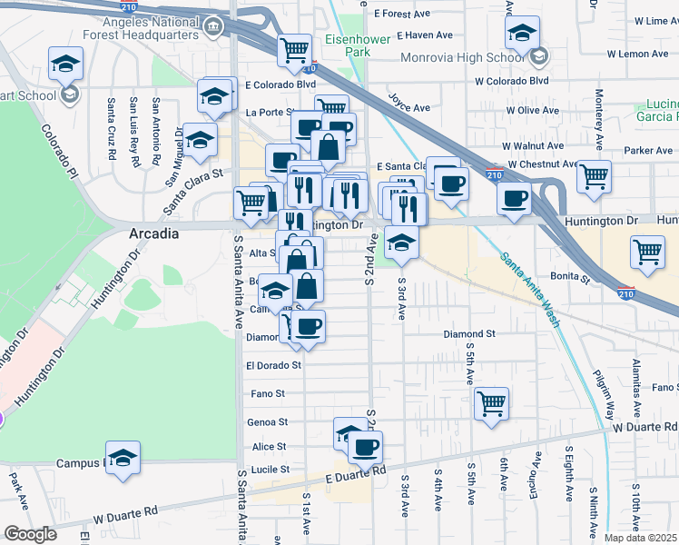 map of restaurants, bars, coffee shops, grocery stores, and more near 152 Alta Street in Arcadia