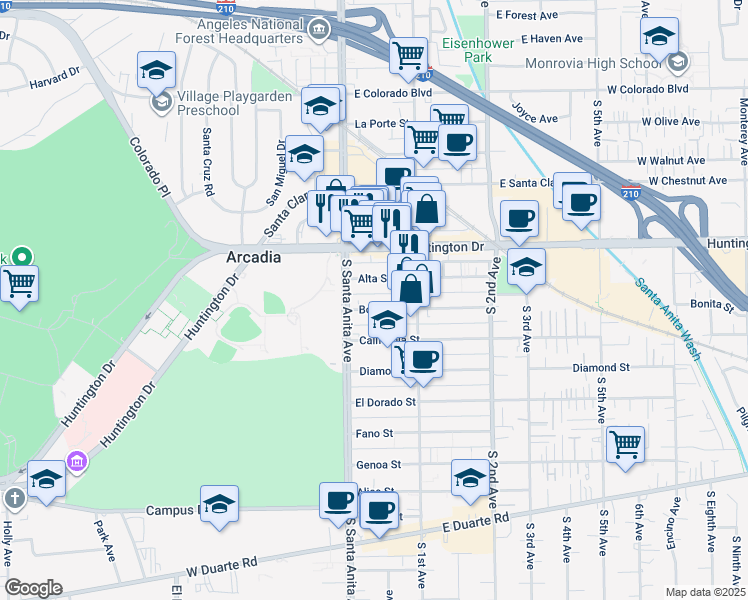map of restaurants, bars, coffee shops, grocery stores, and more near 16 Alta Street in Arcadia