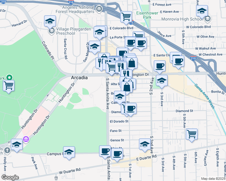 map of restaurants, bars, coffee shops, grocery stores, and more near 16 Alta Street in Arcadia