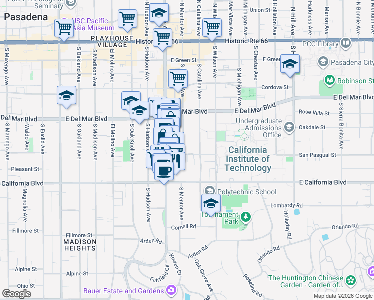 map of restaurants, bars, coffee shops, grocery stores, and more near 441 South Mentor Avenue in Pasadena