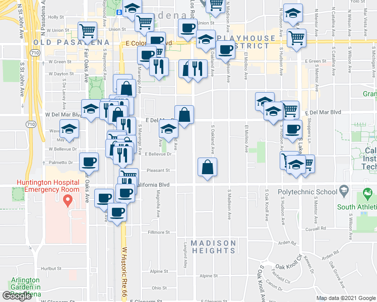 map of restaurants, bars, coffee shops, grocery stores, and more near 425 South Los Robles Avenue in Pasadena