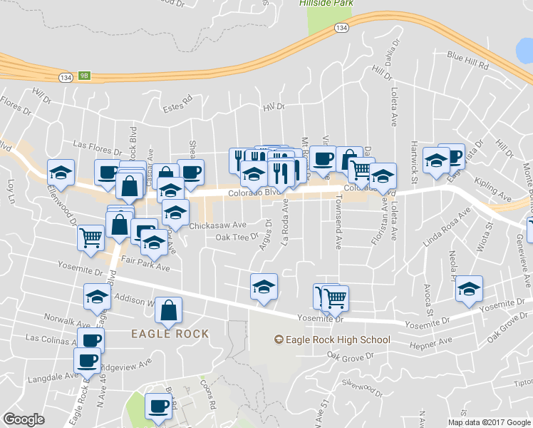 map of restaurants, bars, coffee shops, grocery stores, and more near 5068 Argus Drive in Los Angeles