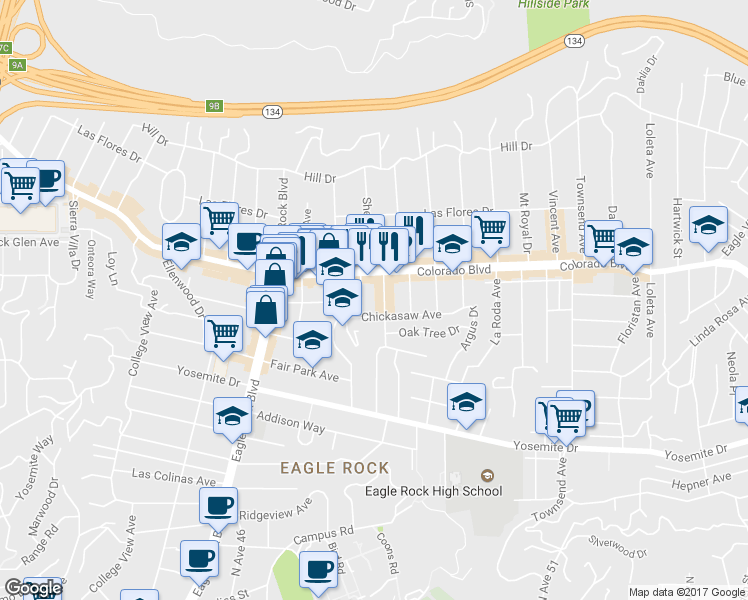 map of restaurants, bars, coffee shops, grocery stores, and more near 5080 Shearin Avenue in Los Angeles