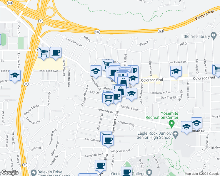 map of restaurants, bars, coffee shops, grocery stores, and more near 2303 Merton Avenue in Los Angeles