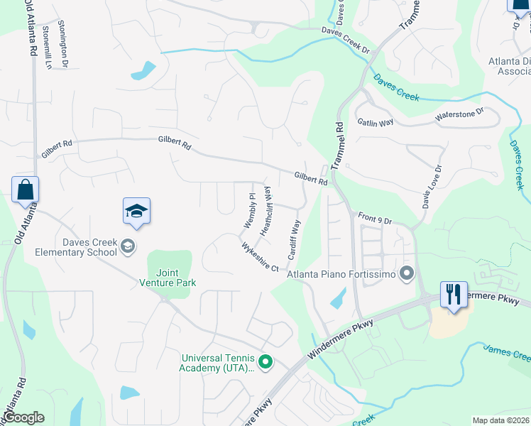 map of restaurants, bars, coffee shops, grocery stores, and more near 4465 Heathcliff Way in Cumming