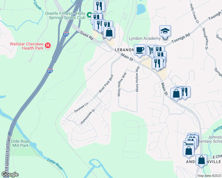 map of restaurants, bars, coffee shops, grocery stores, and more near 1579 River Park Boulevard in Woodstock