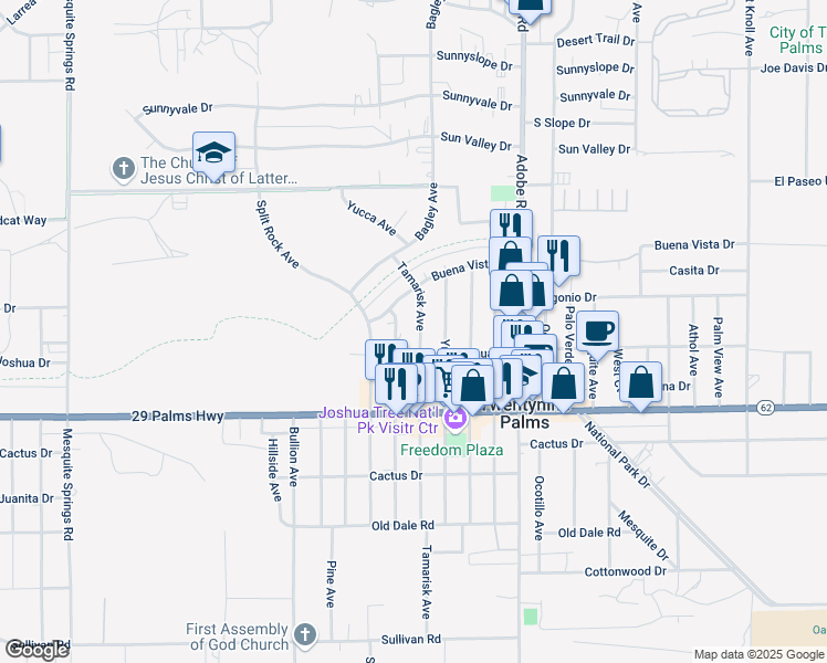 map of restaurants, bars, coffee shops, grocery stores, and more near 6365 Tamarisk Avenue in Twentynine Palms