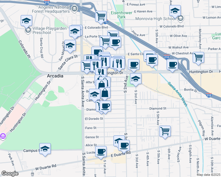 map of restaurants, bars, coffee shops, grocery stores, and more near 126 Alta Street in Arcadia