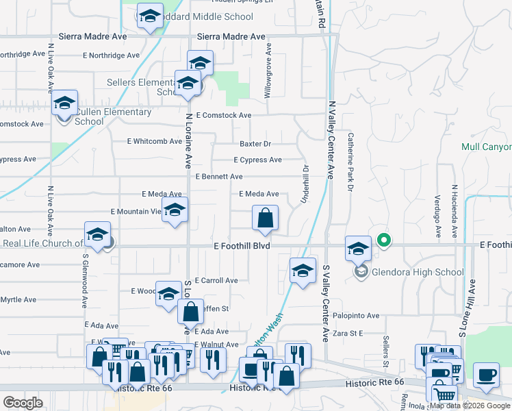 map of restaurants, bars, coffee shops, grocery stores, and more near 1241 East Mountain View Avenue in Glendora