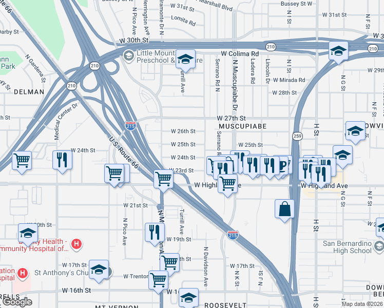 map of restaurants, bars, coffee shops, grocery stores, and more near 1261 West 25th Street in San Bernardino