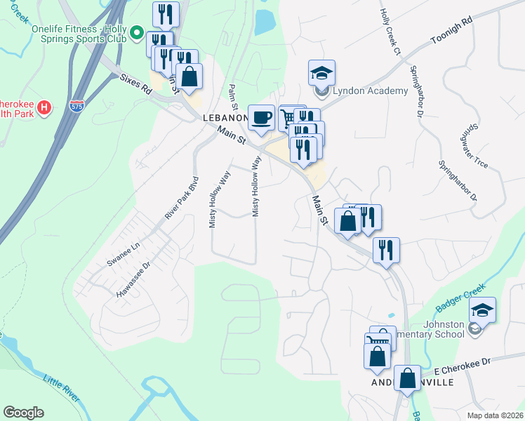 map of restaurants, bars, coffee shops, grocery stores, and more near 114 Misty Hollow Way in Woodstock