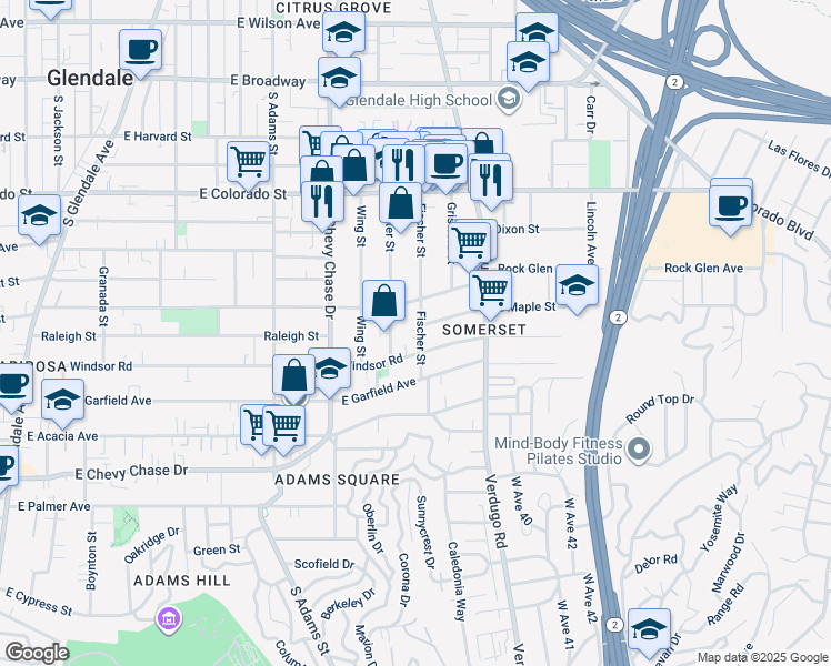 map of restaurants, bars, coffee shops, grocery stores, and more near 627 Fischer Street in Glendale