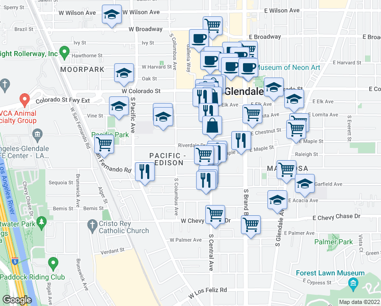 map of restaurants, bars, coffee shops, grocery stores, and more near 336 Riverdale Drive in Glendale
