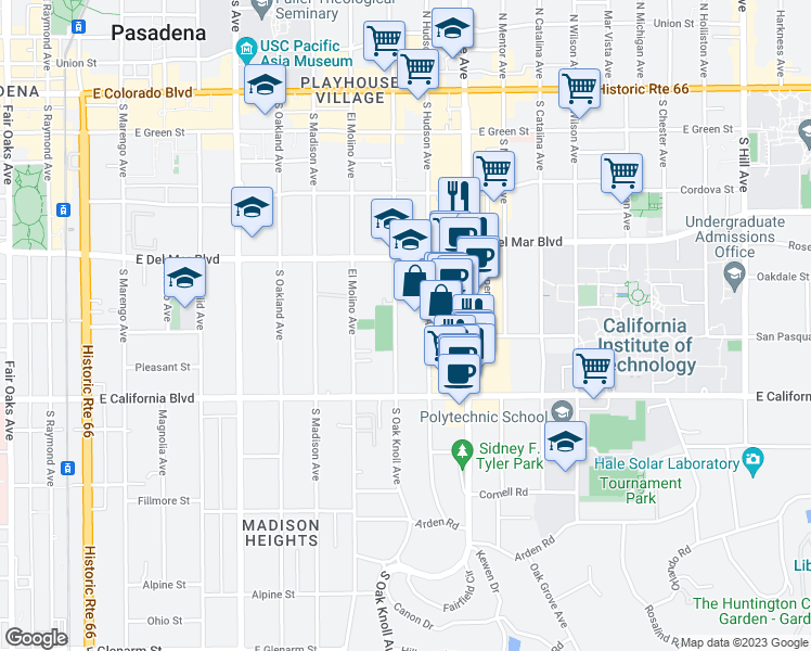 map of restaurants, bars, coffee shops, grocery stores, and more near 448 South Oak Knoll Avenue in Pasadena