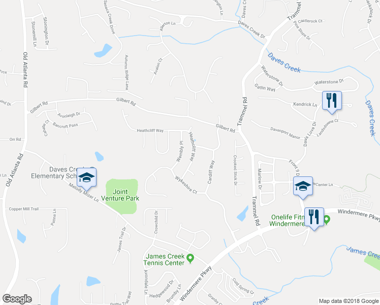 map of restaurants, bars, coffee shops, grocery stores, and more near 4465 Heathcliff Way in Cumming