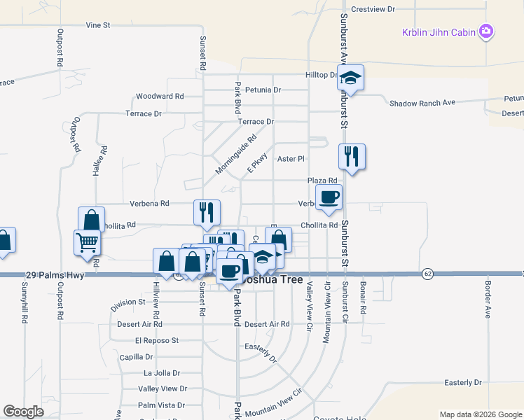 map of restaurants, bars, coffee shops, grocery stores, and more near 61873 Verbena Road in Joshua Tree
