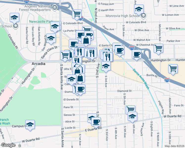 map of restaurants, bars, coffee shops, grocery stores, and more near 155 Bonita Street in Arcadia