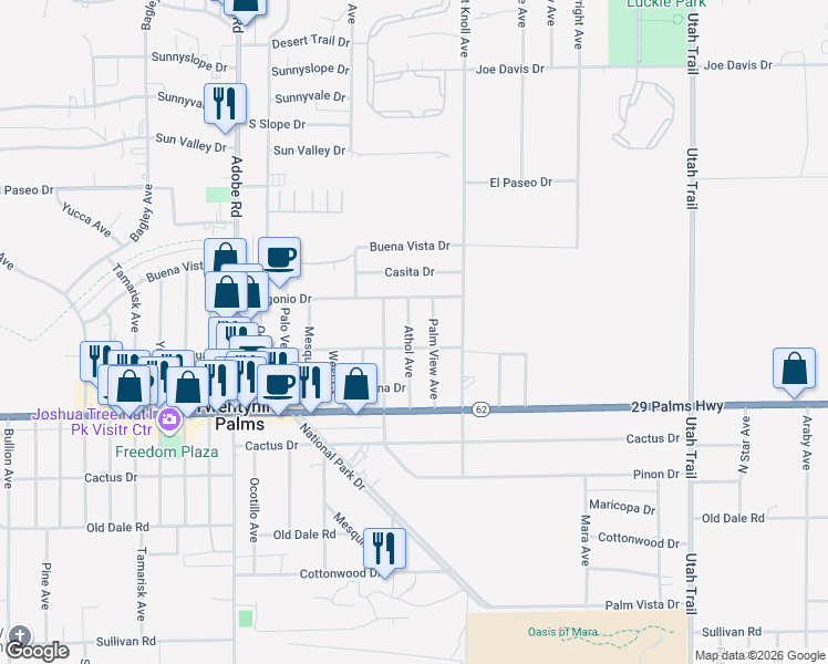 map of restaurants, bars, coffee shops, grocery stores, and more near 6363 Athol Avenue in Twentynine Palms