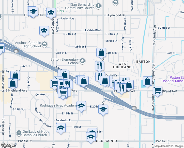 map of restaurants, bars, coffee shops, grocery stores, and more near 2225 Pumalo Street in San Bernardino