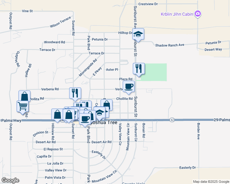 map of restaurants, bars, coffee shops, grocery stores, and more near 61969 Verbena Road in Joshua Tree