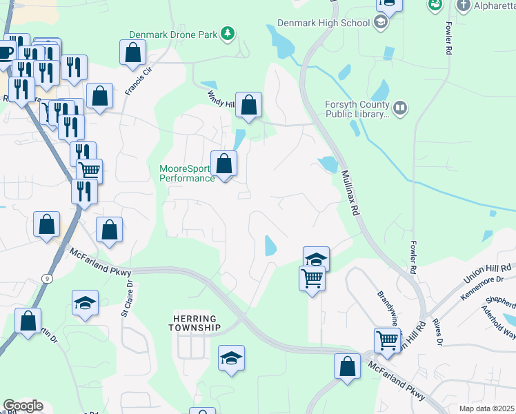 map of restaurants, bars, coffee shops, grocery stores, and more near 517 Windstone Trail in Alpharetta