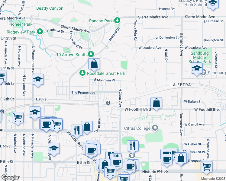 map of restaurants, bars, coffee shops, grocery stores, and more near 870c North Chaparral Lane in Azusa