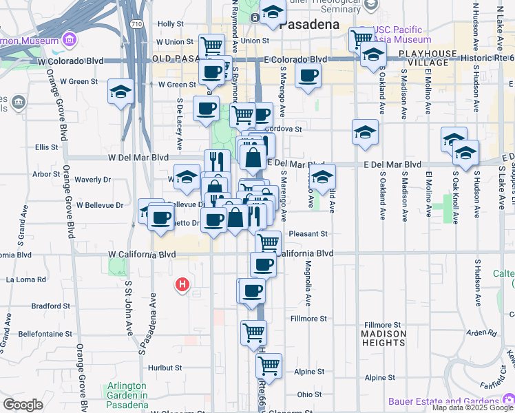 map of restaurants, bars, coffee shops, grocery stores, and more near 415 South Arroyo Parkway in Pasadena