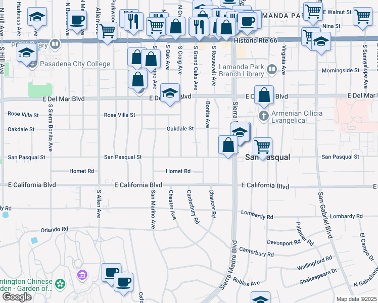 map of restaurants, bars, coffee shops, grocery stores, and more near 2173 San Pasqual Street in Pasadena