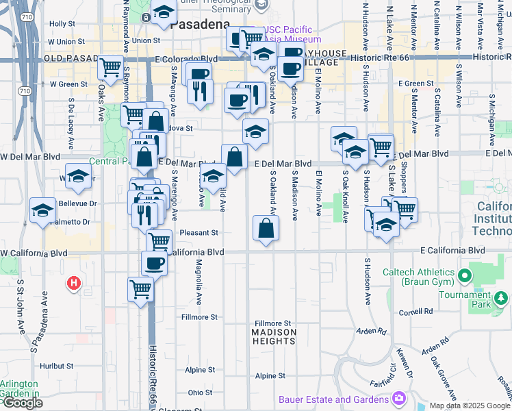 map of restaurants, bars, coffee shops, grocery stores, and more near 440 South Los Robles Avenue in Pasadena