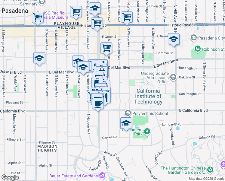 map of restaurants, bars, coffee shops, grocery stores, and more near 975 San Pasqual Street in Pasadena