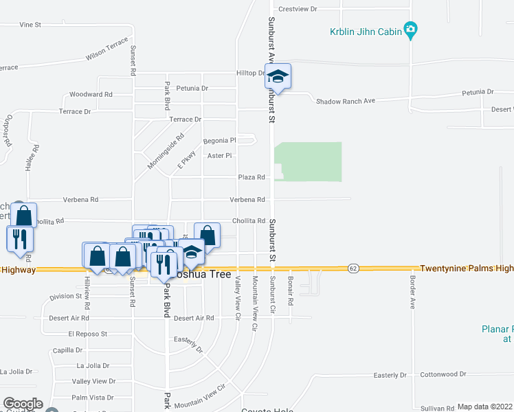 map of restaurants, bars, coffee shops, grocery stores, and more near 62077 Verbena Road in Joshua Tree