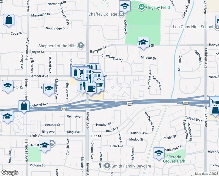 map of restaurants, bars, coffee shops, grocery stores, and more near in Rancho Cucamonga