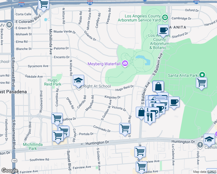 map of restaurants, bars, coffee shops, grocery stores, and more near 907 Hugo Reid Drive in Arcadia