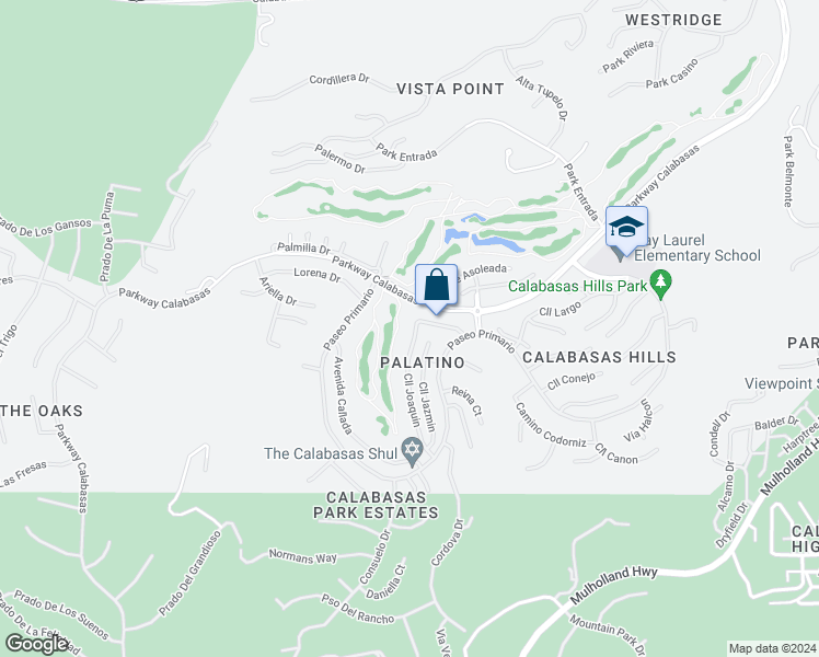 map of restaurants, bars, coffee shops, grocery stores, and more near 3811 Calle Joaquin in Calabasas