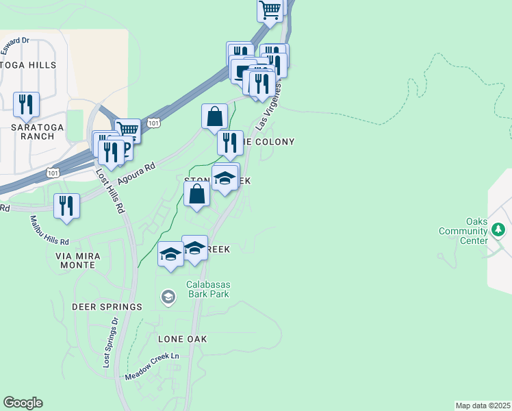 map of restaurants, bars, coffee shops, grocery stores, and more near 4379 Paxton Place in Calabasas
