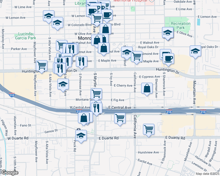 map of restaurants, bars, coffee shops, grocery stores, and more near 142 East Cherry Avenue in Monrovia