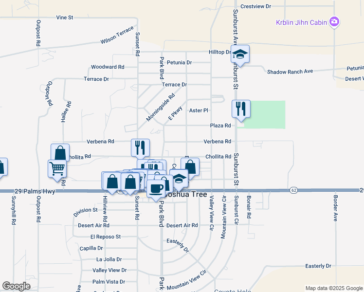 map of restaurants, bars, coffee shops, grocery stores, and more near 61885 Verbena Road in Joshua Tree